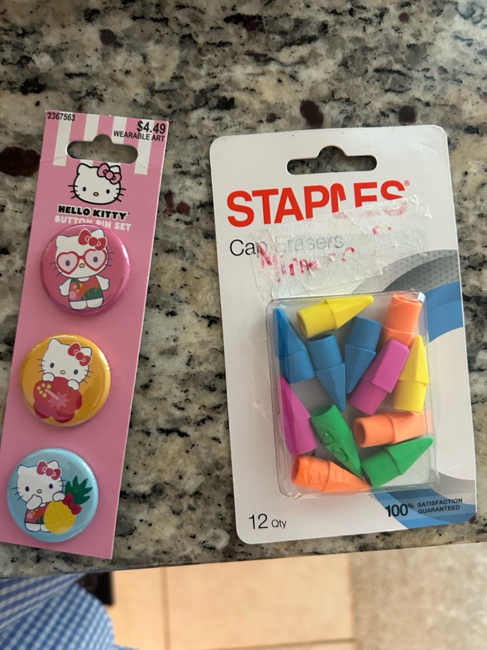 Hello Kitty Pink, yellow &Blue Button Pin TrioKid KiAccessories staples Eraser